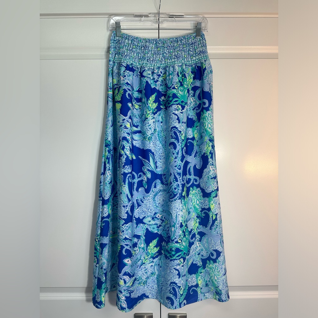 Lilly Pulitzer Blue Smocked A-Line Maxi Skirt Size Medium